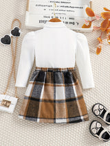 Girl's Elegant 2pcs, Ribbed Long Sleeve Top & Skirt Set, Button Decor Plaid Print Casual Outfits, Kids Clothes For Spring Autumn