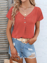 Womens Charming Solid Button Front Blouse - Casual V Neck, Short Sleeve, Perfect for Spring & Summer - Lightweight, Versatile, Ideal Everyday Style - Suitable for Multiple Occasions