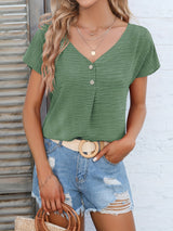 Womens Charming Solid Button Front Blouse - Casual V Neck, Short Sleeve, Perfect for Spring & Summer - Lightweight, Versatile, Ideal Everyday Style - Suitable for Multiple Occasions