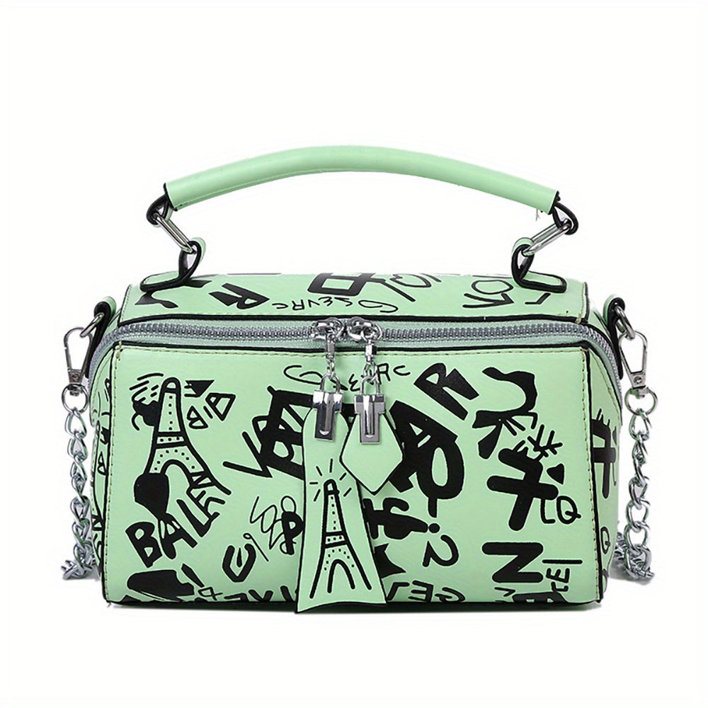 Vibrant Graffiti Small Zipper Box Crossbody Handbag for Women - Trendy Chain Strap, Stylish Design, Compact Size, Easy-Close Zipper, Perfect for Daily Use - Ideal Accessory for Fashion-Conscious Ladies