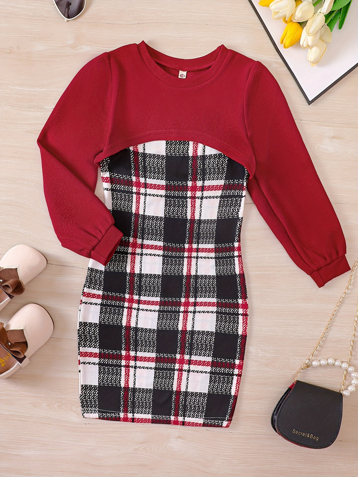 Trendy Girl's 2pcs, Plaid Pattern Sundress & Crop Sweatshirt Set, Casual Outfits, Kids Clothes For Spring Autumn