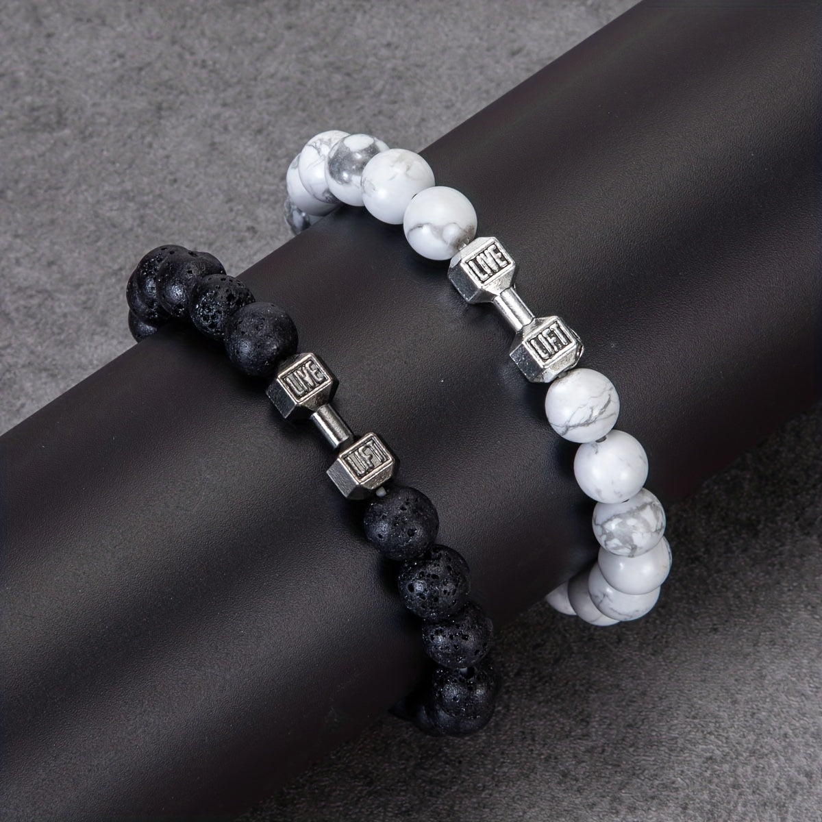 2pcs Men Dumbbell Decor Beaded Bracelets, Gift For Family And Friends, Holiday Birthday Gift For Boyfriends