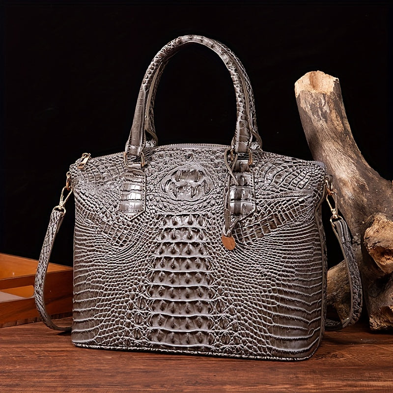 Chic Crocodile Embossed Womens Handbag - Top Handle Satchel with Roomy Interior & Convertible Crossbody Strap - Fashion Purse for Everyday Style