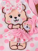 Baby Girl Outfit Summer Lace Short Sleeved + Teddy Bear Strap Skirt +Headknot 3pcs with 0-18Months