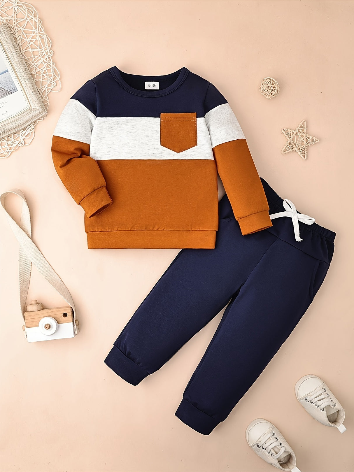 CETEPY Toddler Baby Boys Clothes Autumn Winter Outfits Color Block Long-sleeved Top + Trousers wIth Pockets Sets 12 Months-5 Years, for Outdoor