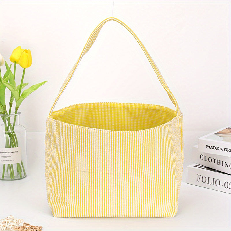 1pc Large Capacity Tote Bag, Easter Gift Bag, Easter Eggs Storage Bucket, Striped Seersucker Bunny Bag, Hunting Easter Eggs Handbag, Easter Party Decorations Gifts Bag, Party Tote Bags, Easter Gift Party Supplies