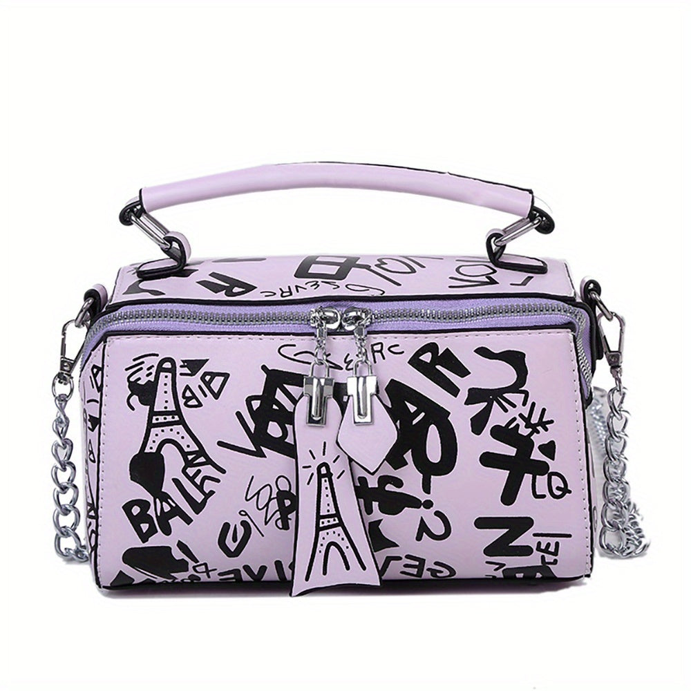 Vibrant Graffiti Small Zipper Box Crossbody Handbag for Women - Trendy Chain Strap, Stylish Design, Compact Size, Easy-Close Zipper, Perfect for Daily Use - Ideal Accessory for Fashion-Conscious Ladies