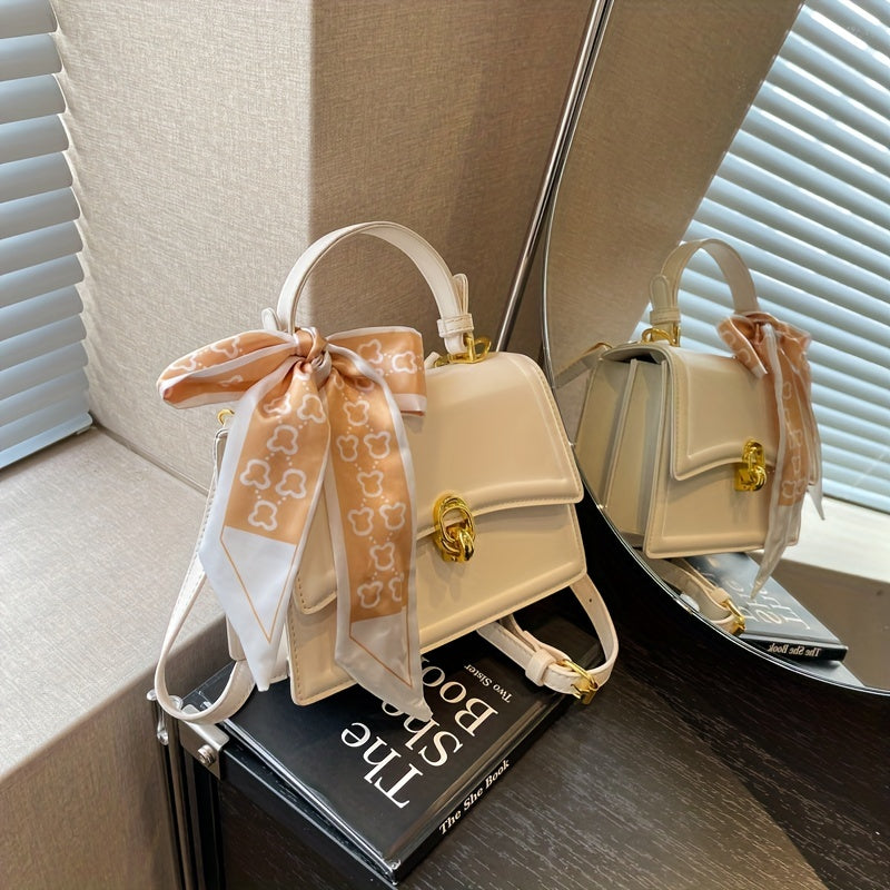 Embossed Square Handbag, Trendy Scarf Decor Crossbody Bag, Women's Small PU Leather Flap Purse