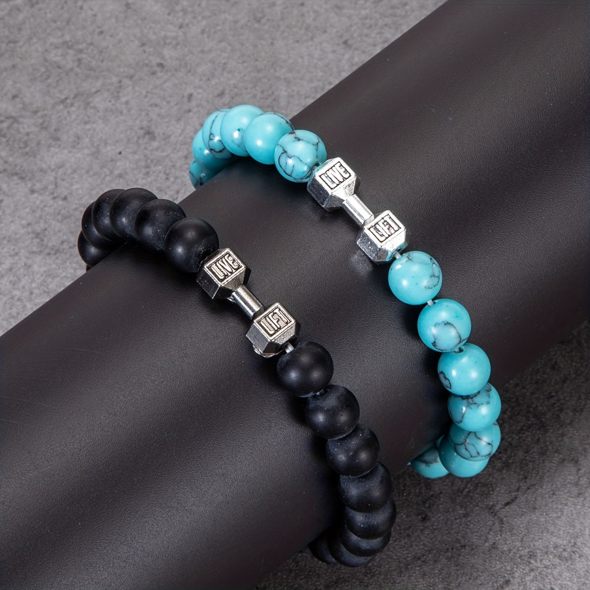 2pcs Men Dumbbell Decor Beaded Bracelets, Gift For Family And Friends, Holiday Birthday Gift For Boyfriends