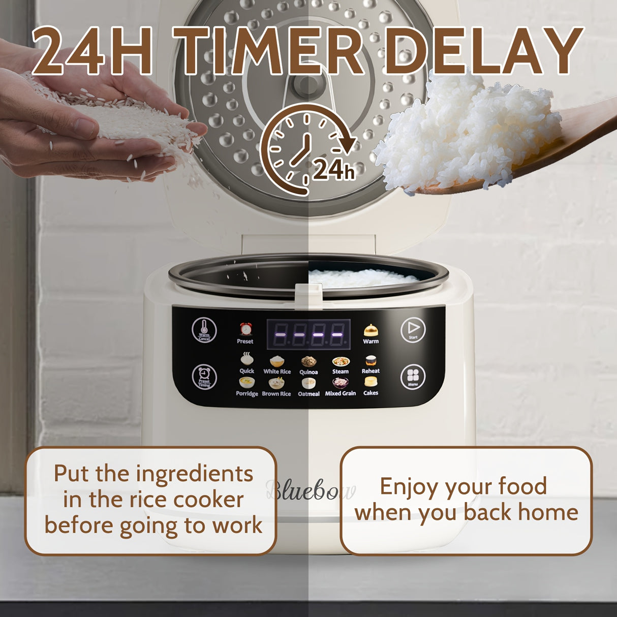 Bluebow 2L Mini Digital Rice Cooker - 10-in-1 Portable Multi-Function with Auto Presets, Non-Stick Inner Pot, Touch-Screen Controls, Delay & Keep Warm, White, Perfect for Home Kitchens, Sleek Modern Appliance | Durable Alumin