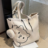Simple Cartoon Bear Canvas Shoulder Bag, Versatile All-Match Tote Bag With Mini Coin Purse