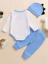 Baby Boy Fall Outfit Dinosaur Print Long Sleeve Rompers and Elastic Pants Hat Set Spring 3pcs Clothes, for Outdoor