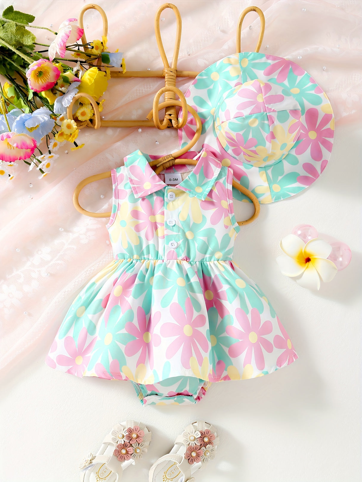 2 pieces of baby girl summer new floral full print lapel cardigan sleeveless jumpsuit+beach sun hat set
