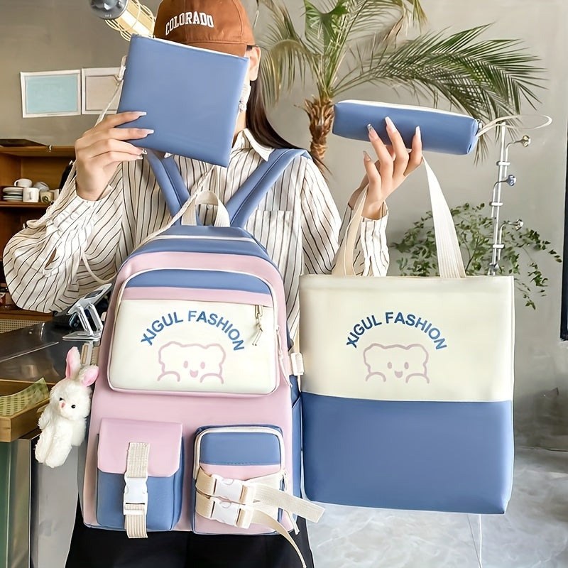 New casual backpack women's four-piece backpack backpack Korean version contrasting simple and versatile canvas school bag