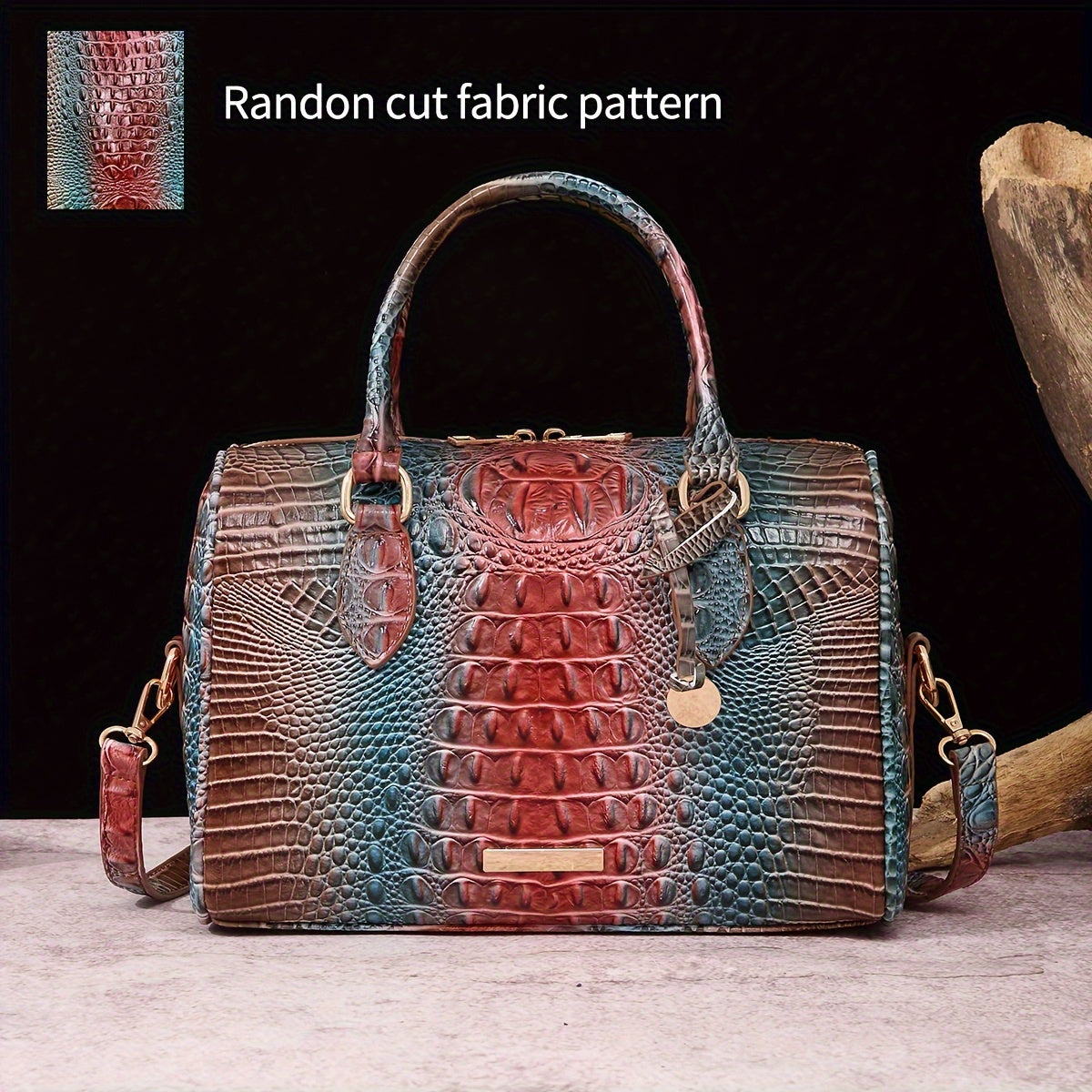 Luxury Crocodile Pattern Handbag, Retro Genuine Purse, Women's Classic Boston Bag & Shoulder Bag