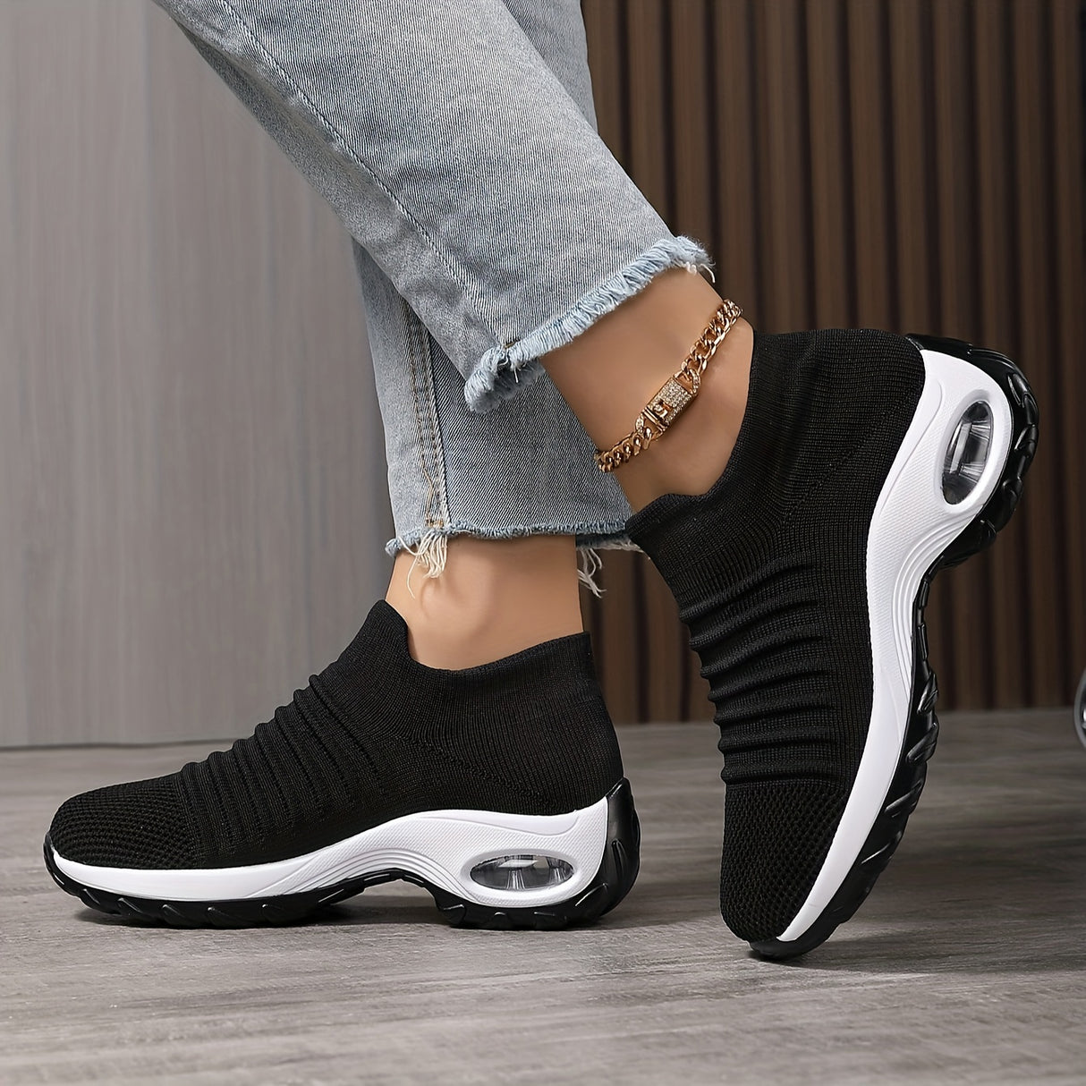 SOSENFER Women's 2089 Breathable Knit Running Shoes - Low-Top Slip-On Design, All-Season Comfort with PU Cushioned Sole for Gym, Jogging & Casual Wear (Black/White)