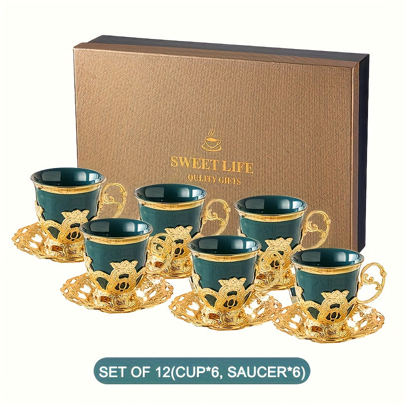 Sakura Train Set, Turkish Arabic Coffee Cups And Saucers, Espresso Cups With Saucer Plates And Spoons, Ceramic Tea Sets With Gift Box, 2.8 OZ (Golden)