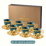 Sakura Train Set, Turkish Arabic Coffee Cups And Saucers, Espresso Cups With Saucer Plates And Spoons, Ceramic Tea Sets With Gift Box, 2.8 OZ (Golden)