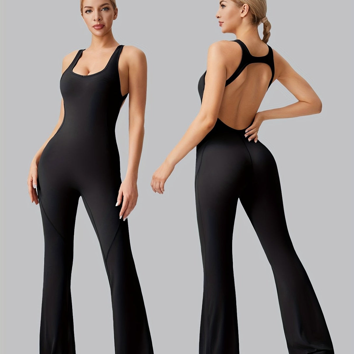 [Removable Padded Bra Workout Jumpsuits] Women Workout Fashion Flare Sleeveless Jumpsuits with Removable Padded Bra Hight Stretch Sportswear for Outdoor Activities (Black Brown Linen Dark blue)