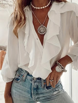 Flirty Ruffle Trim Blouse - Solid Color with Classy Button Front, Flowy Long Sleeves - Feminine Casual Top for Women
