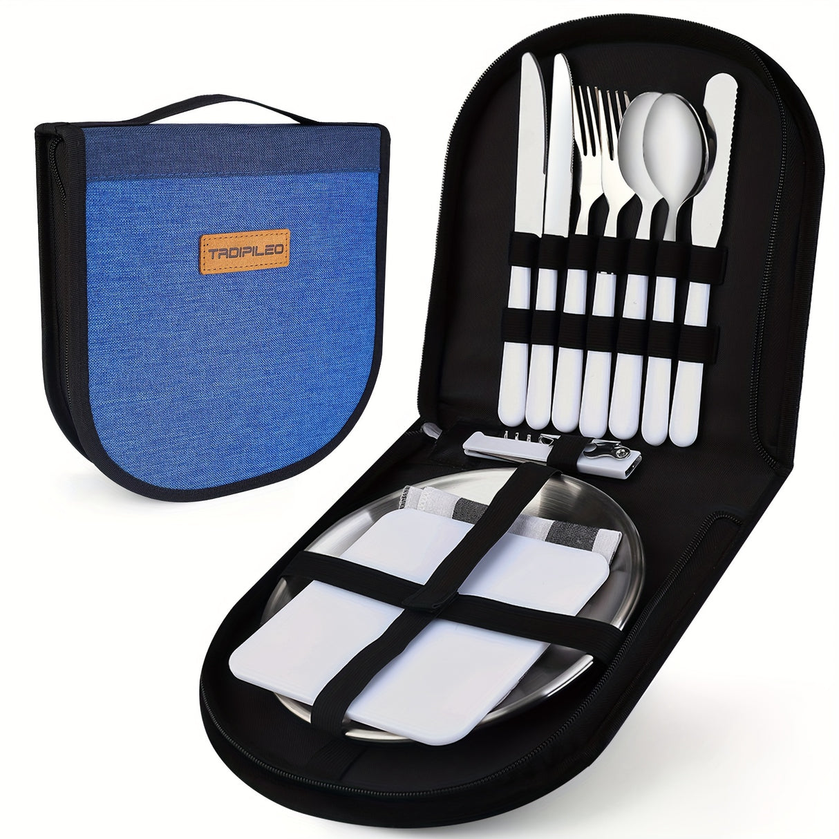 Camp Silverware Picnic Tableware Storage Set 13 Camping Miscellaneous Bag Includes High-Quality Cutting Board, Tablecloth, Stainless Steel Plate, Spoon, Knife, Fork, Wine Opener, BBQ, Travel, Hiking