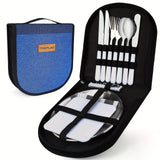 Camp Silverware Picnic Tableware Storage Set 13 Camping Miscellaneous Bag Includes High-Quality Cutting Board, Tablecloth, Stainless Steel Plate, Spoon, Knife, Fork, Wine Opener, BBQ, Travel, Hiking