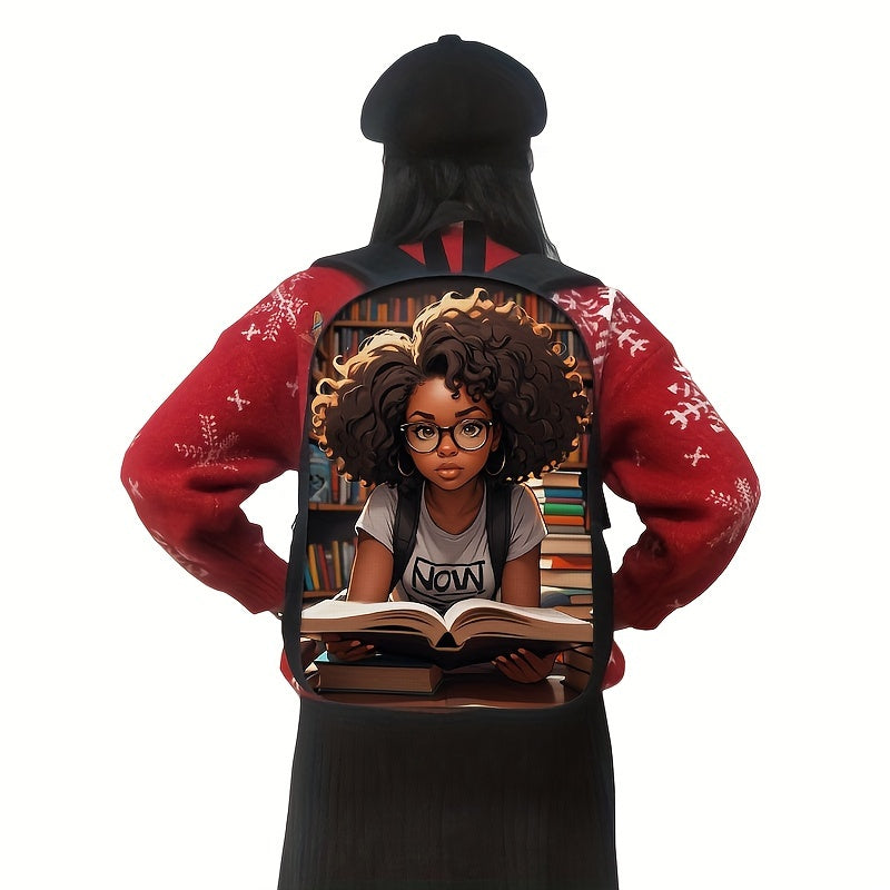Chic Afro Girl Reading Nook Print Backpack - Lightweight, Durable Polyester School Bag with Detachable Straps for Teens & Students