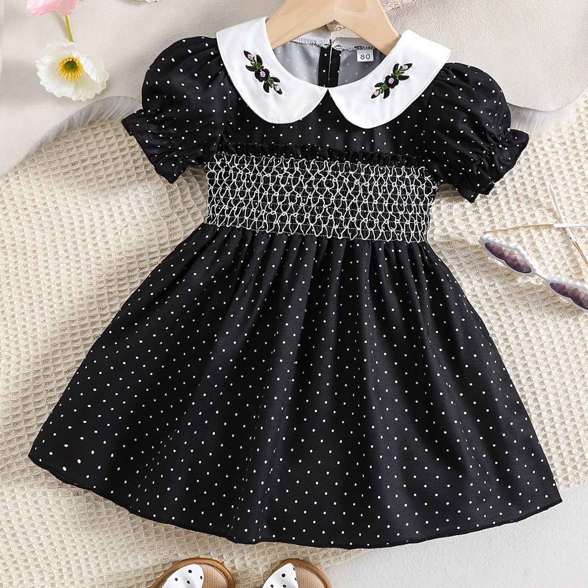 Stylish & Cute Polka Dot Shirred Puff Sleeve Dress, Perfect For Little Girls Banquet Birthday Party Dress Up