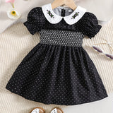 Stylish & Cute Polka Dot Shirred Puff Sleeve Dress, Perfect For Little Girls Banquet Birthday Party Dress Up