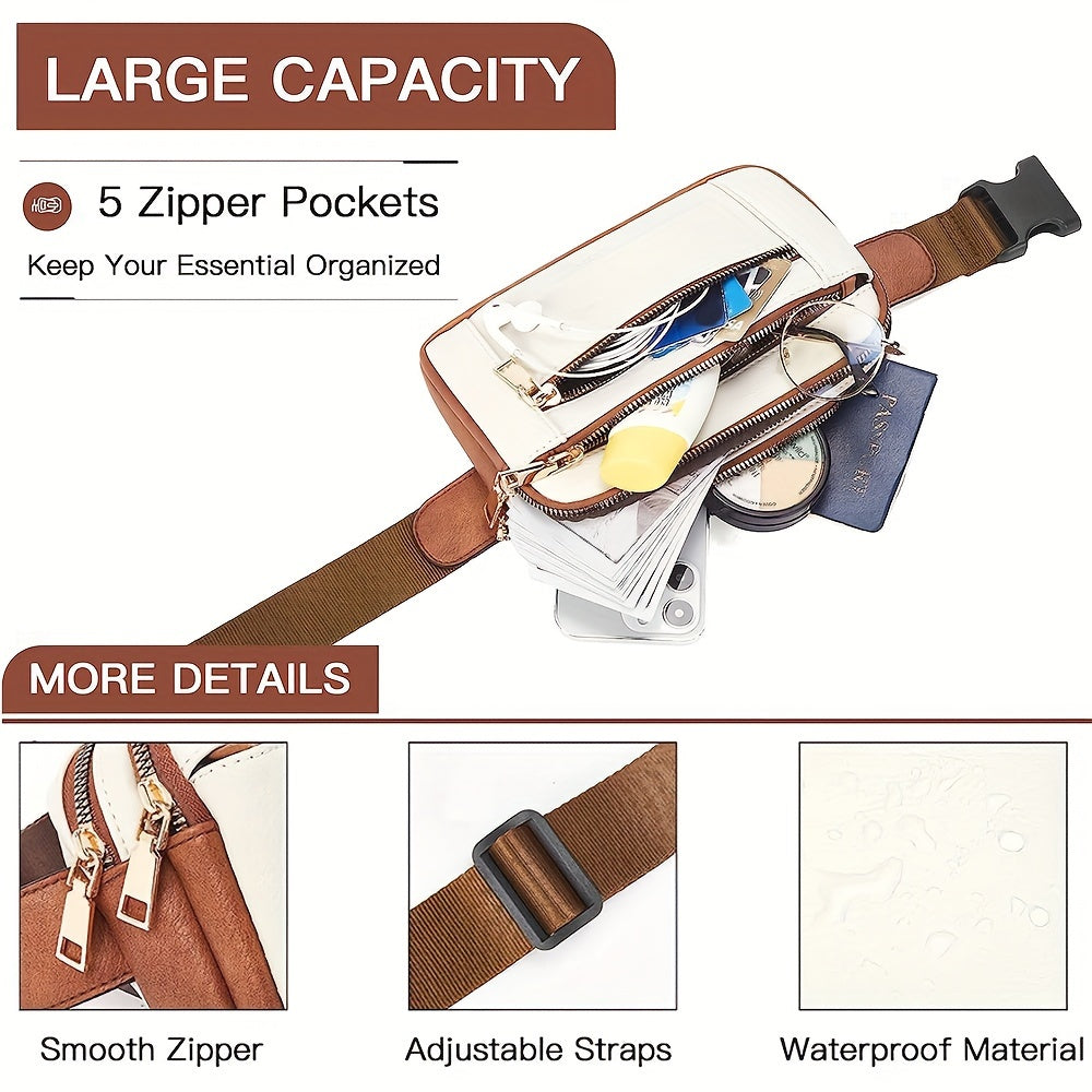 Upgraded Women's Faux Leather Crossbody Bag Belt Bag Fashionable Waist Bag with Adjustable Shoulder Strap Chest Bag with 5 Zipper Pockets