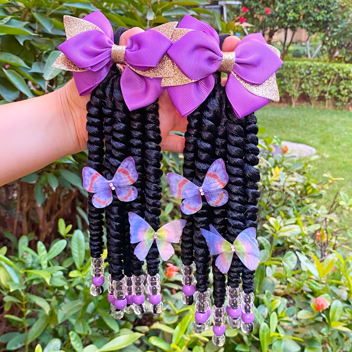 2pcs Delicate Kids Ponytail Extensions, Braids With Beads, Sweet Hair Extension With Elastic Tie, Twist Ponytails With Hair Bows Butterflies, Cute Pigtail, Beautiful Wig For Girls Casual Leisure Party Supplies, Gift Stage Per