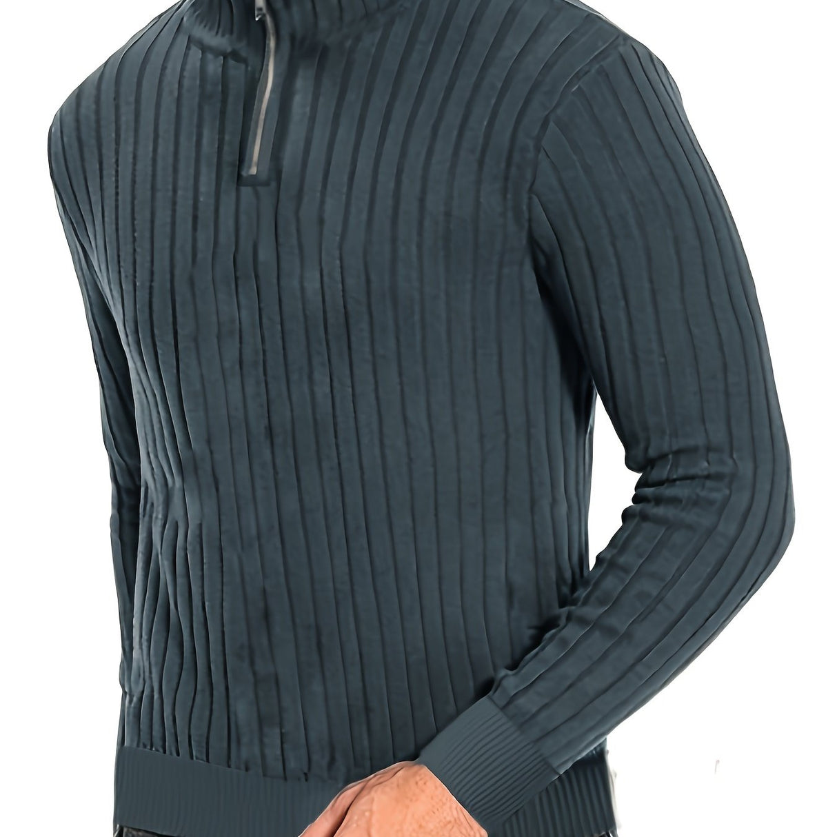 Men's Stand Collar Solid Knit Sweater, Men's Casual Lapel Slightly Stretch V-Neck Pullover Sweater For Men Winter Fall