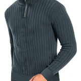 Men's Stand Collar Solid Knit Sweater, Men's Casual Lapel Slightly Stretch V-Neck Pullover Sweater For Men Winter Fall