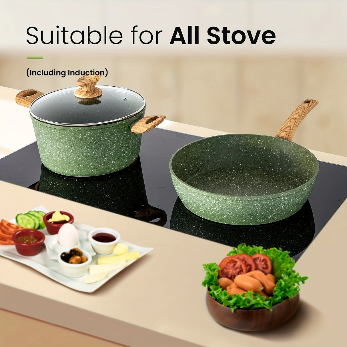 Mix Patio Pots And Pans Set Nonstick, 12/17/30 Pieces Induction Kitchen Cookware Set, Granite Coating Cooking Pans Set (Black, Green)