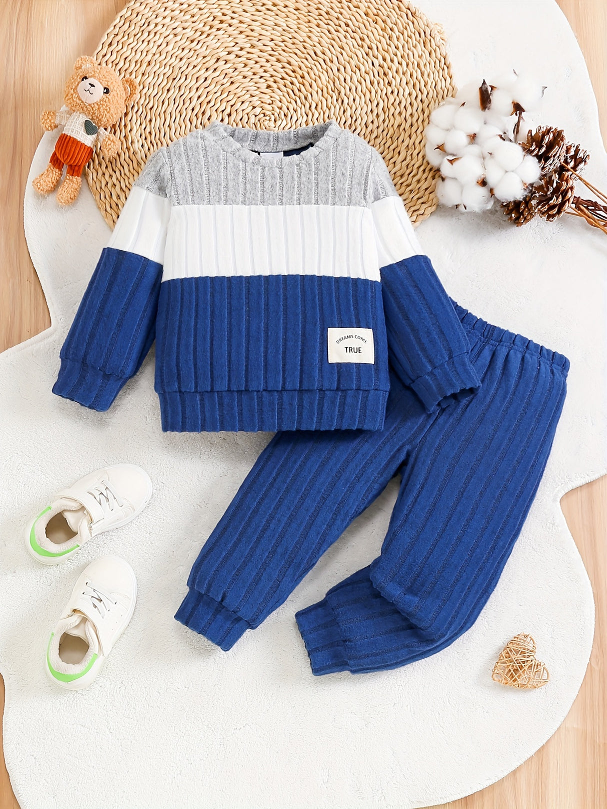 Toddler Boys 2-Piece Outfit, Spring/Autumn Knit Long Sleeve Top with Ribbed Pants, Casual Round Neck, Stretch Polyester, Color Block Design, Elastic Waistband, Baby Clothing Set, For Outdoor