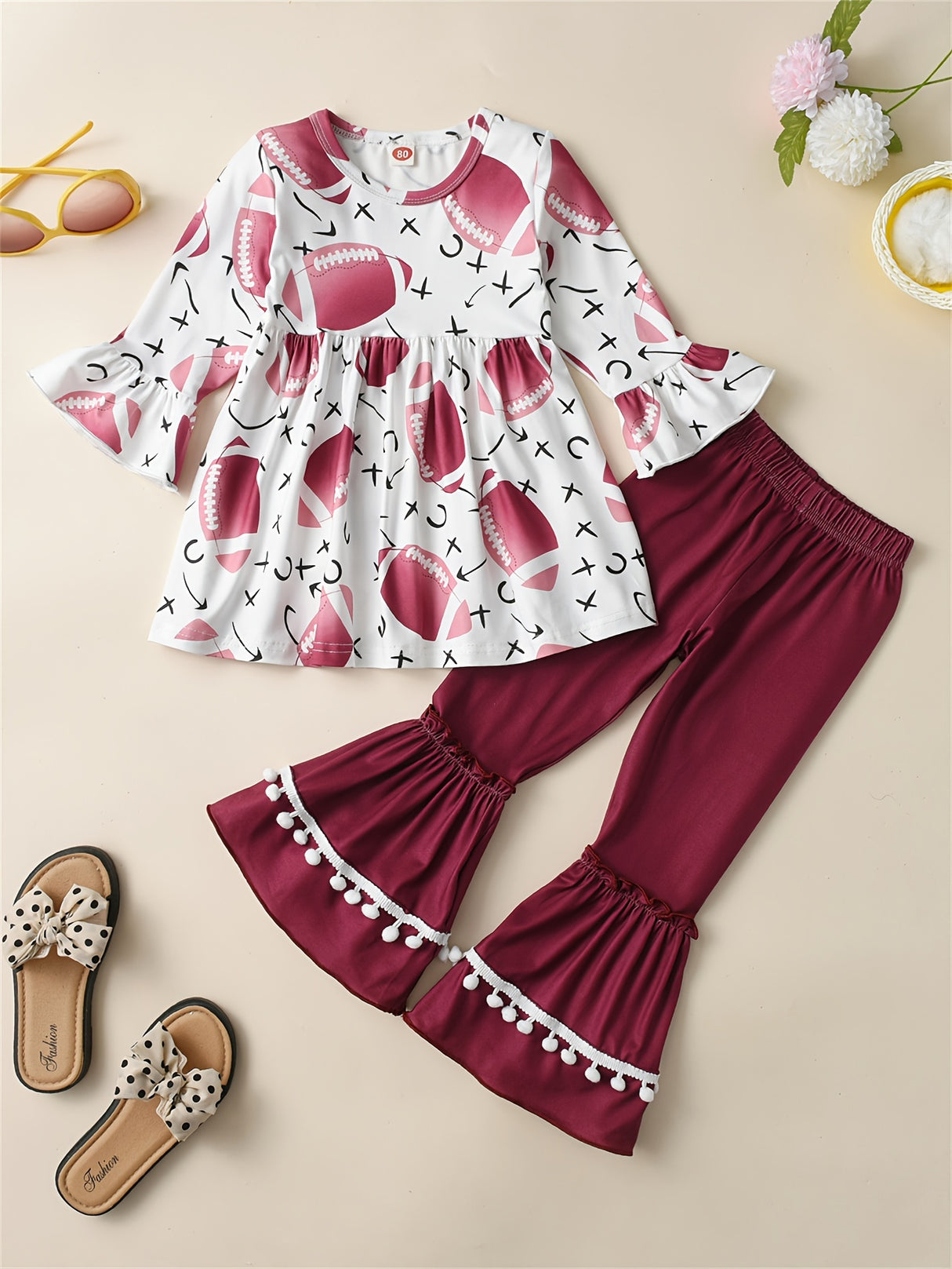 Girls' Cute 2-piece Outfits, Rugby Graphic Pullover & Flare Pants, Comfy Sets Kids Clothes For Spring Fall Christmas
