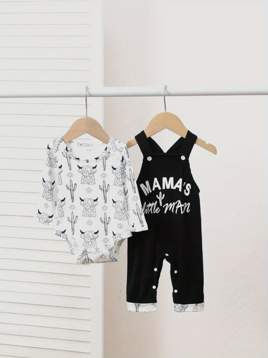2pcs Of Baby Boy Autumn Style Cow Head Print Long Sleeved Shirt+overalls with Letter Print Set, Perfect for Outdoor