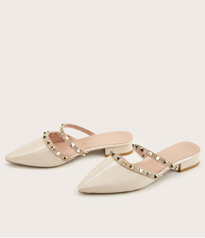 Women's Flat Sandals With Rivets, Thick Heel, Closed Toe Slip-On Mules