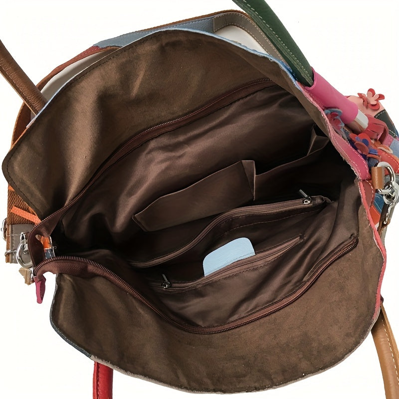 Retro 3D Flower Embroidery Tote Bag, Women's Colorblock Patchwork Purse, Large Capacity Genuine Leather Crossbody Bag