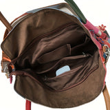 Retro 3D Flower Embroidery Tote Bag, Women's Colorblock Patchwork Purse, Large Capacity Genuine Leather Crossbody Bag