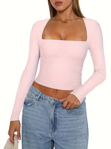 Women's Slim Fit Crop Tops Long Sleeve Square Neck Solid Color T-Shirt Dressy Blouses