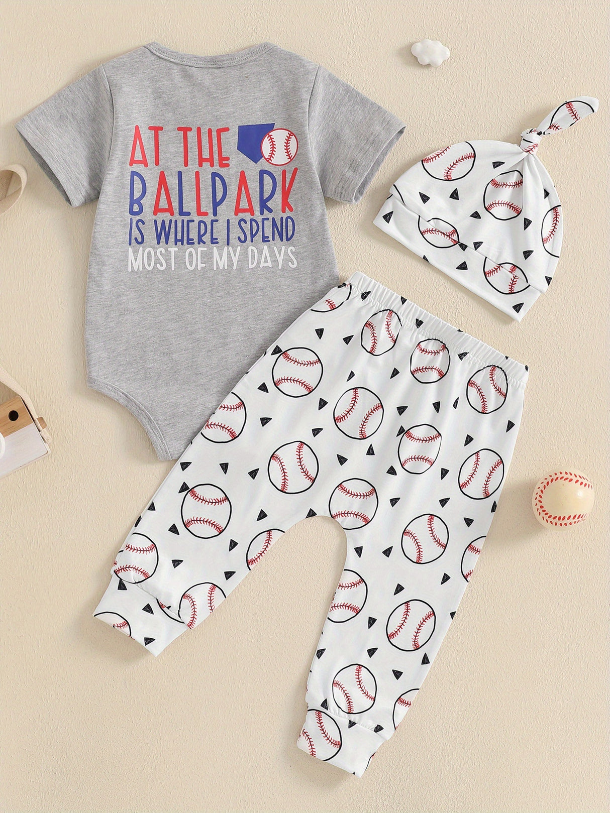 0-18 Months Baby Boy Summer Outfits Short Sleeve Romper Baseball Pants Hat Set, for Outdoor