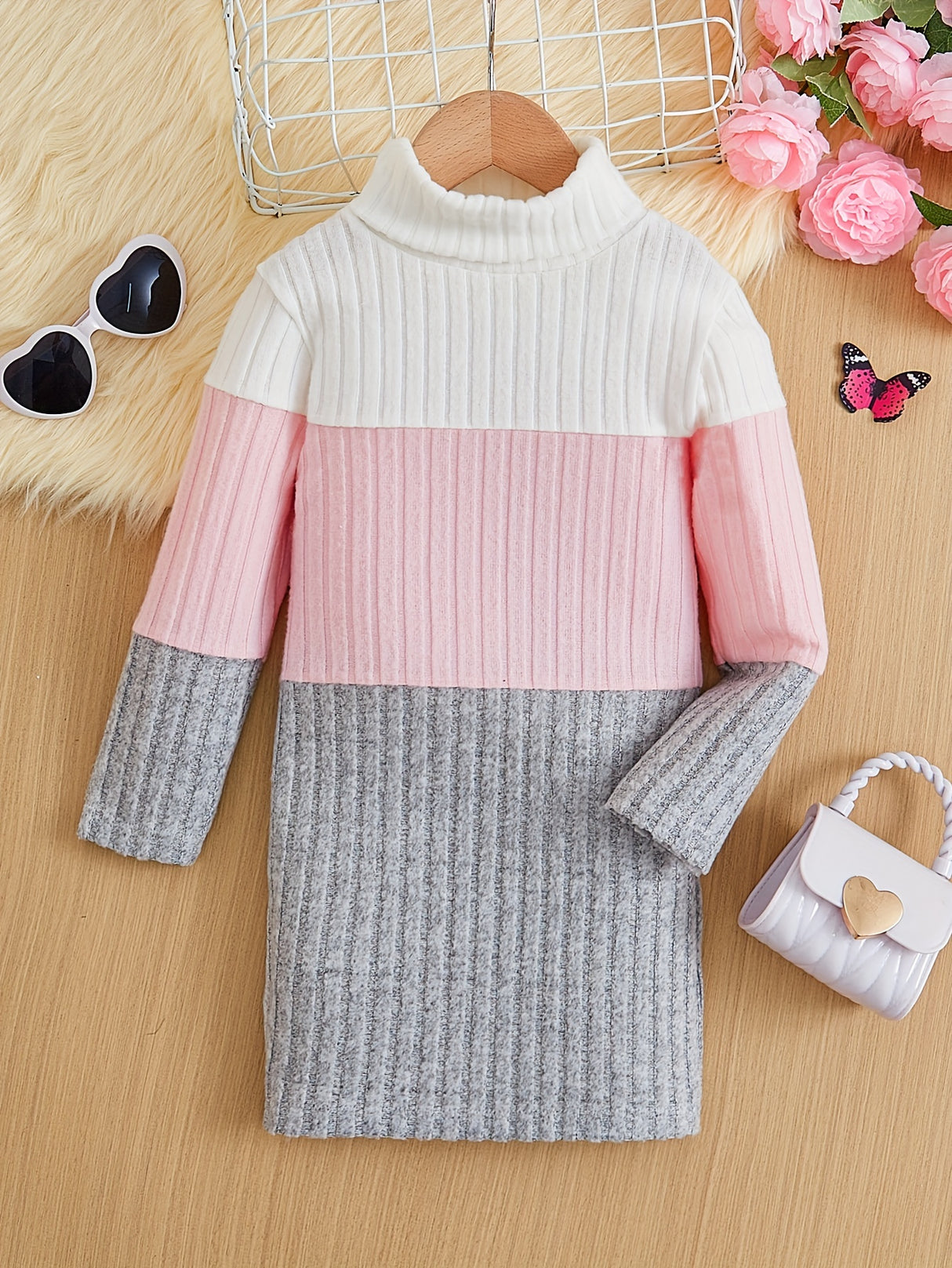 Girls Splicing Ribbed Knit Turtleneck Dress Kids Clothes Party Gift 3-8y