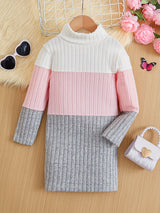Girls Splicing Ribbed Knit Turtleneck Dress Kids Clothes Party Gift 3-8y
