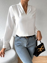 Chic Solid V-Neck Pleated Blouse - Stylish Workwear for Women - Fashionable Long Sleeve, Professional & Elegant - A Must-Have Office Wardrobe Staple