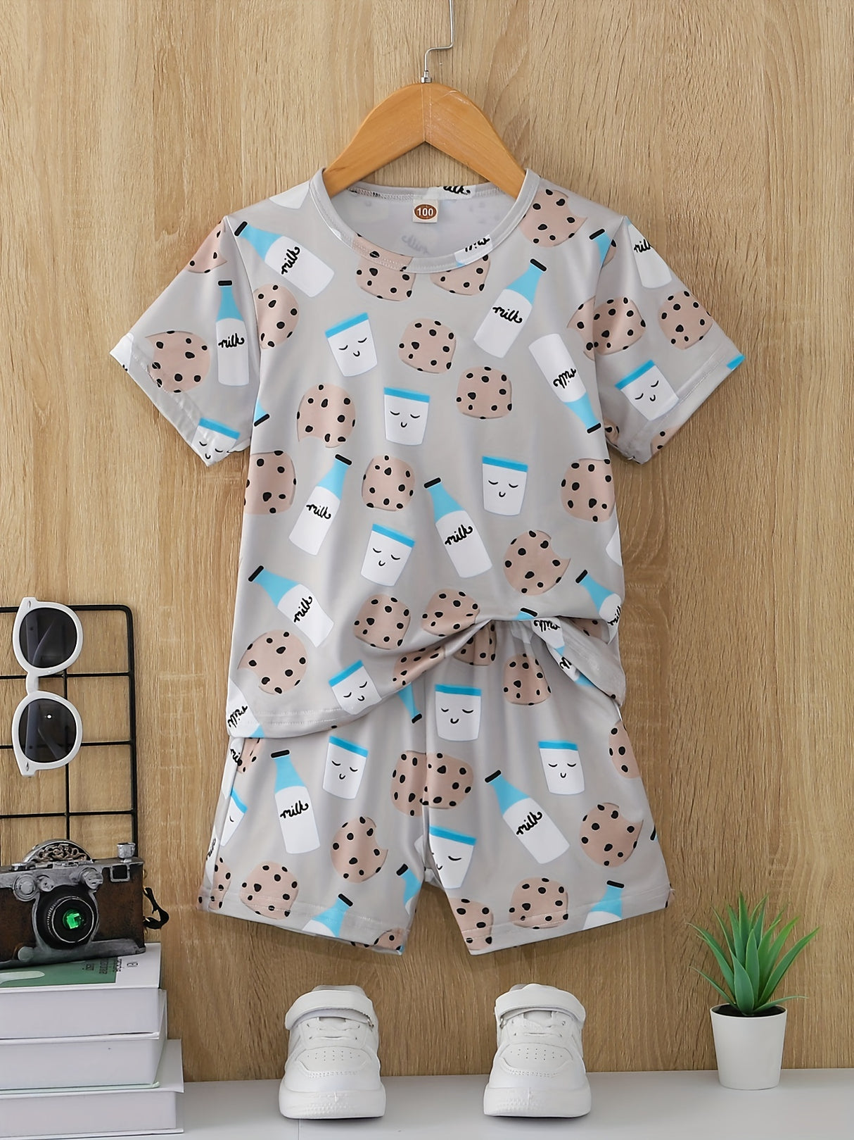 Boys Cartoon Biscuit And Milk Outfit Shorts & T-shirt Short Sleeves Crew Neck Casual Summer Kids Clothes