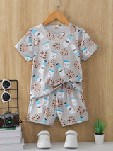 Boys Cartoon Biscuit And Milk Outfit Shorts & T-shirt Short Sleeves Crew Neck Casual Summer Kids Clothes