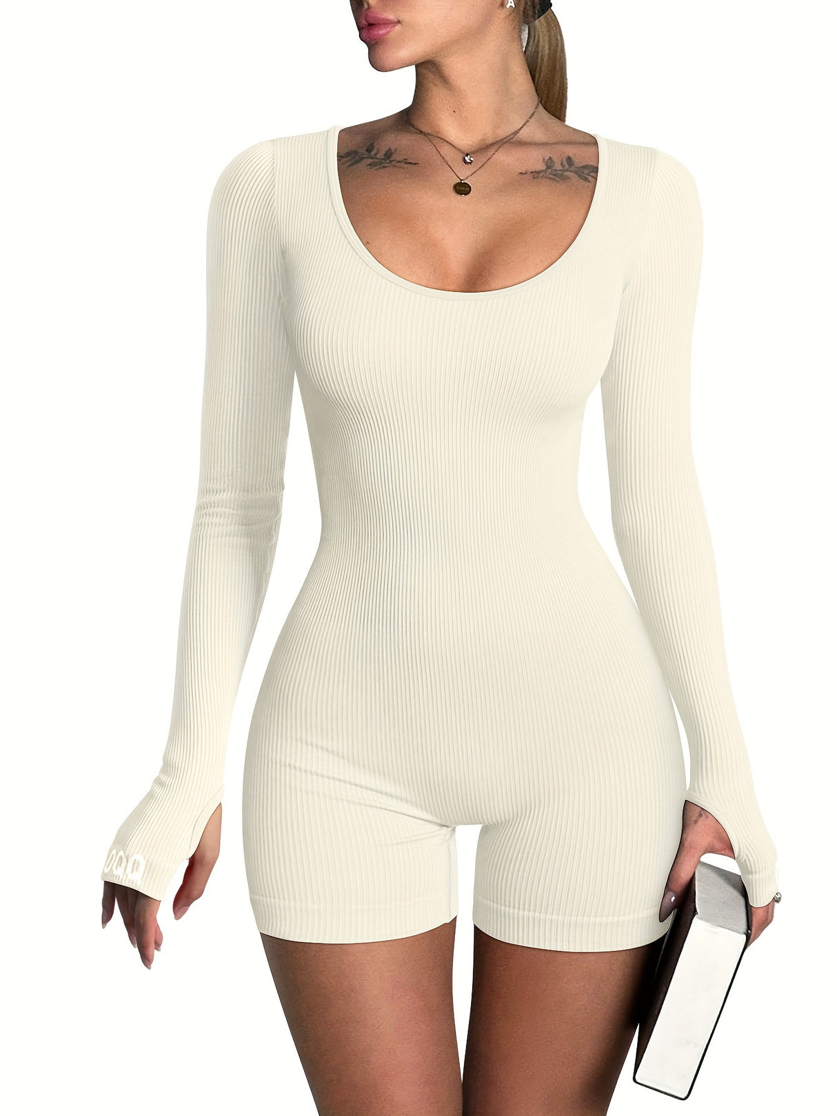 [Long Sleeve Workout Rompers] OQQ Women Yoga Rompers Ribbed Workout Long Sleeve Round Neck Exercise Jumpsuits Rompers