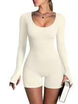 [Long Sleeve Workout Rompers] OQQ Women Yoga Rompers Ribbed Workout Long Sleeve Round Neck Exercise Jumpsuits Rompers