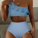 2 Piece Ruffle One Shoulder Stripes Print Bikini Set - High Waist Tummy Control, Asymmetric, Blue, Stretchy, Beach Swimsuit for Women
